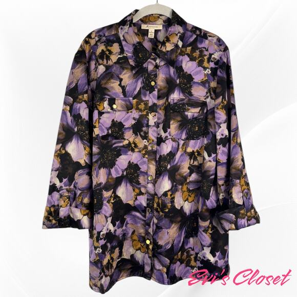 J M Collection Women's Purple Floral Button up Shirt Front Pockets Sz 16m - Picture 1 of 9